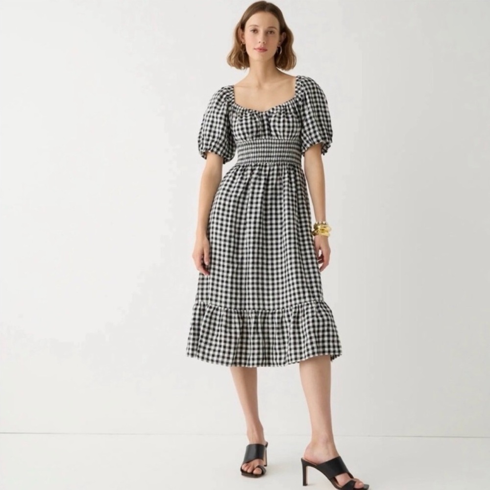 J Crew Smocked-waist puff-sleeve midi dressβ in gingham linen medium